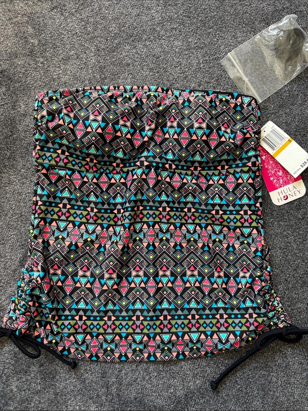 Hula Honey Black Geometric Bandeau Tankini with Pink & Teal Accents